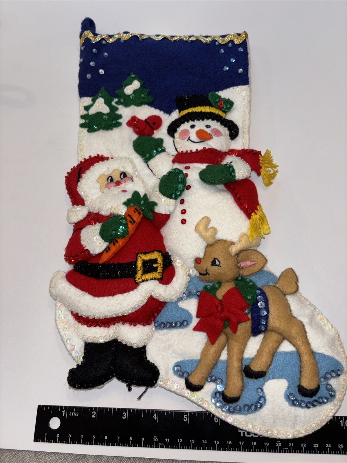 Vintage Felt Christmas Stocking Sequin Details Santa Deer Snowman Adorable 16”H