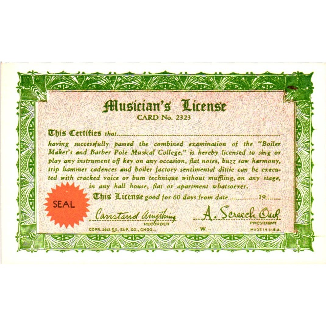Vintage 1945 Musician's License Novelty Gag Card Ex Sup Co Chicago Music Humor