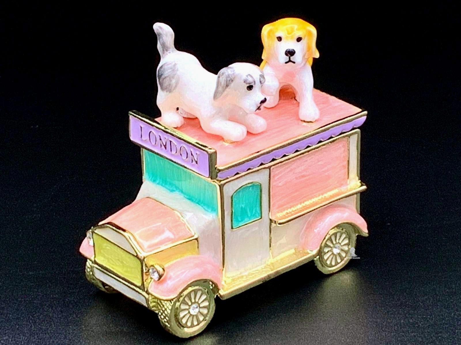 Puppy Dog Trinket Box Vintage Car Hinged Enamel London Theme
