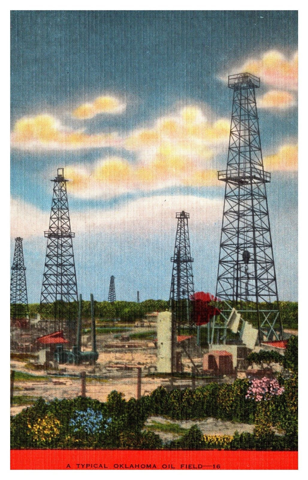 OK Oklahoma Typical Oil Field & Wells 16 Linen Postcard