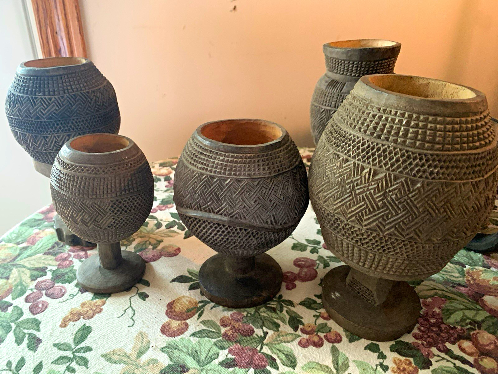 African Handmade Carved Wooden Cups & Goblets Lot w/ Head-Form Decorative Piece