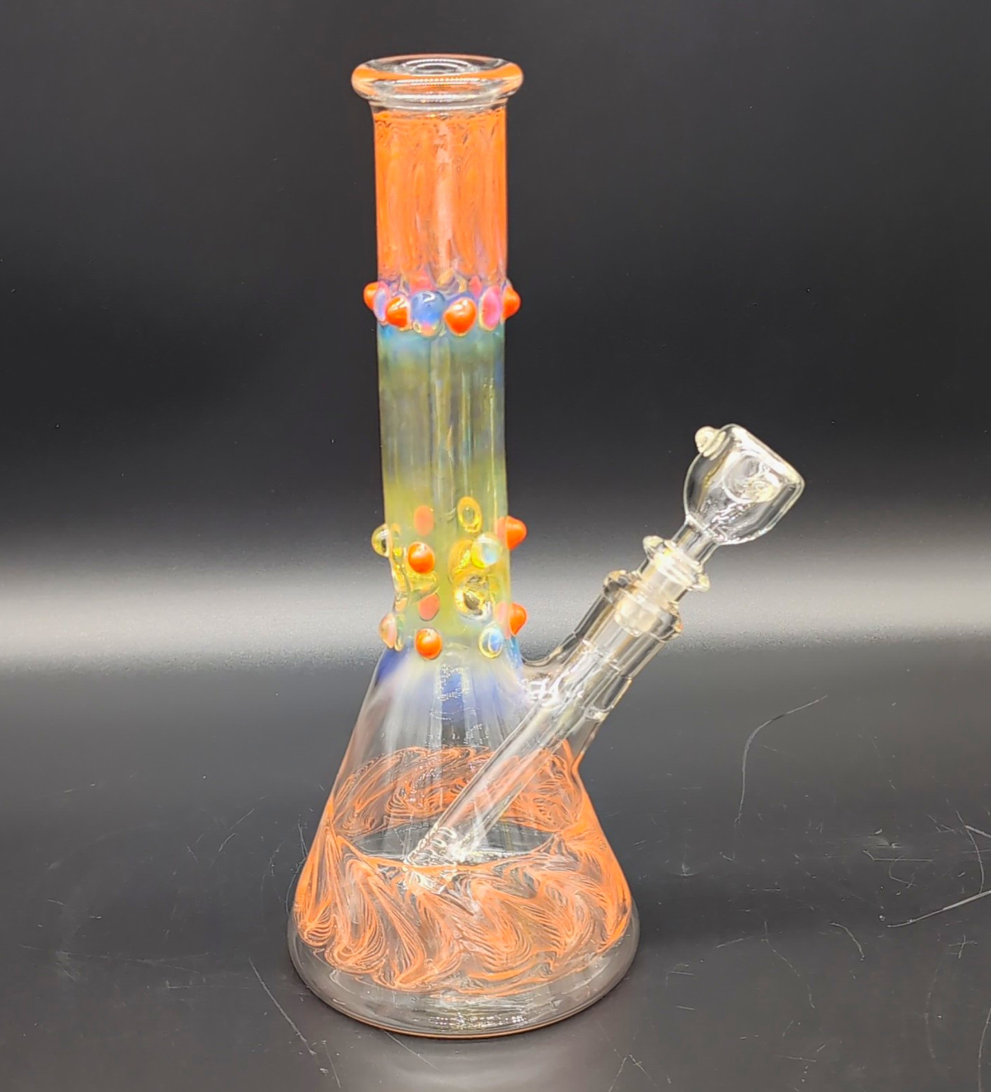 Handblown Glass Water Pipe Beaker, Orange/Swirl, Bowl & Downstem, UV 38mm X 12\