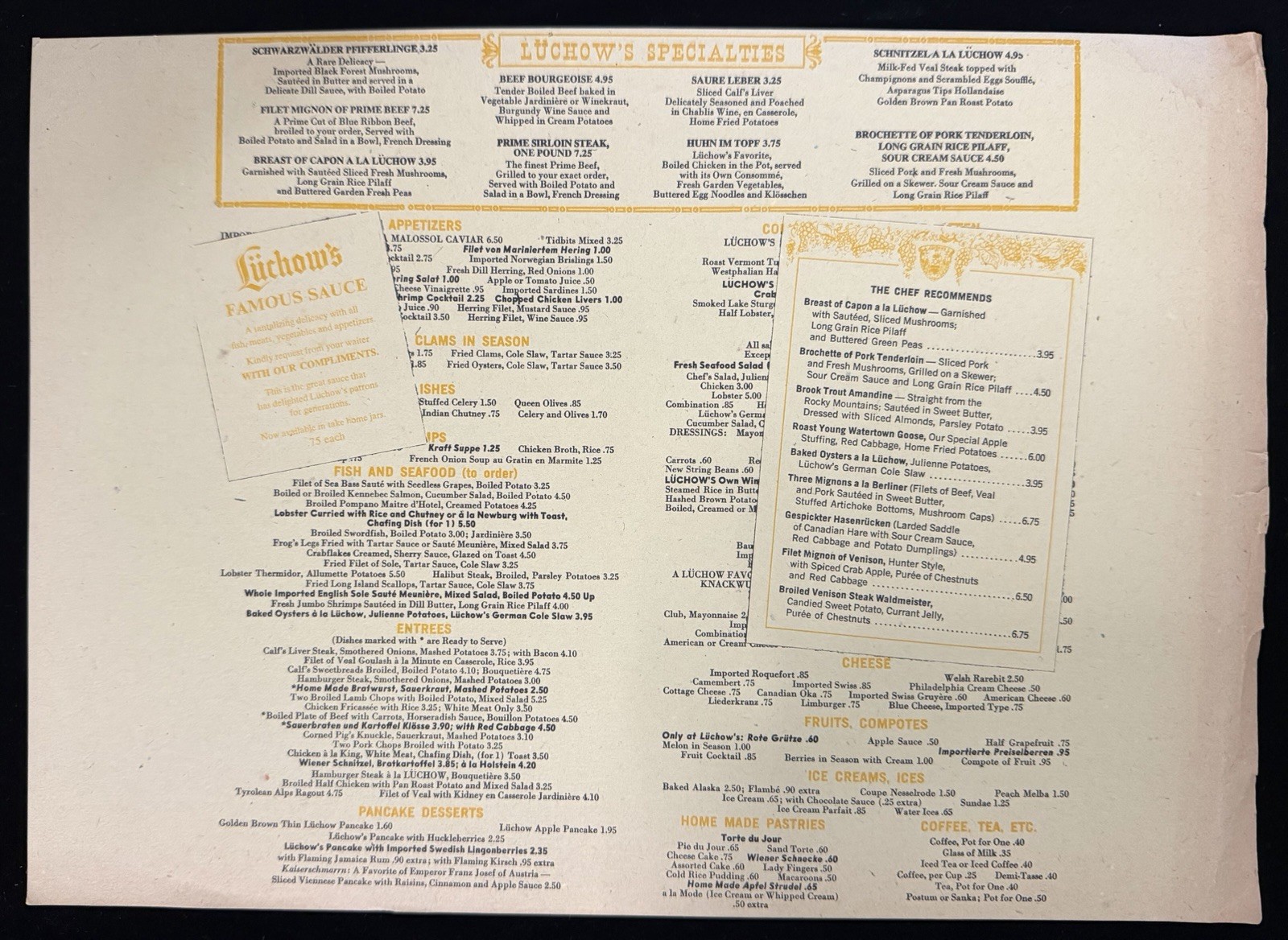 Vintage Lüchow’s NYC New York German Restaurant Menu Recipe East 14th St c1967