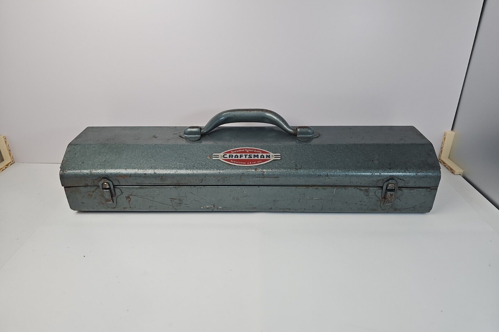 Vintage 1950\'s Craftsman Crown Top Low Tombstone Grey Portable Tool Box Chest