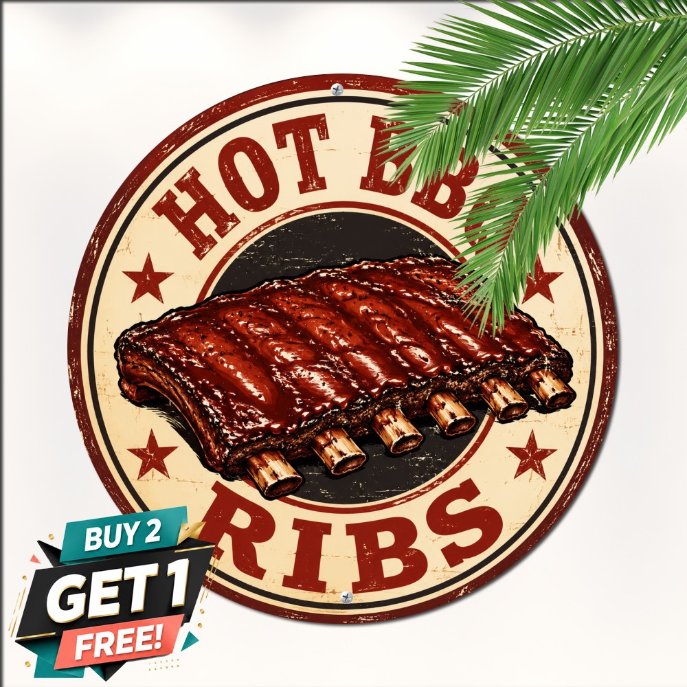 Smoked BBQ Ribs Grill Master Kitchen Dinning Round Metal Tin Sign Wall Plaque