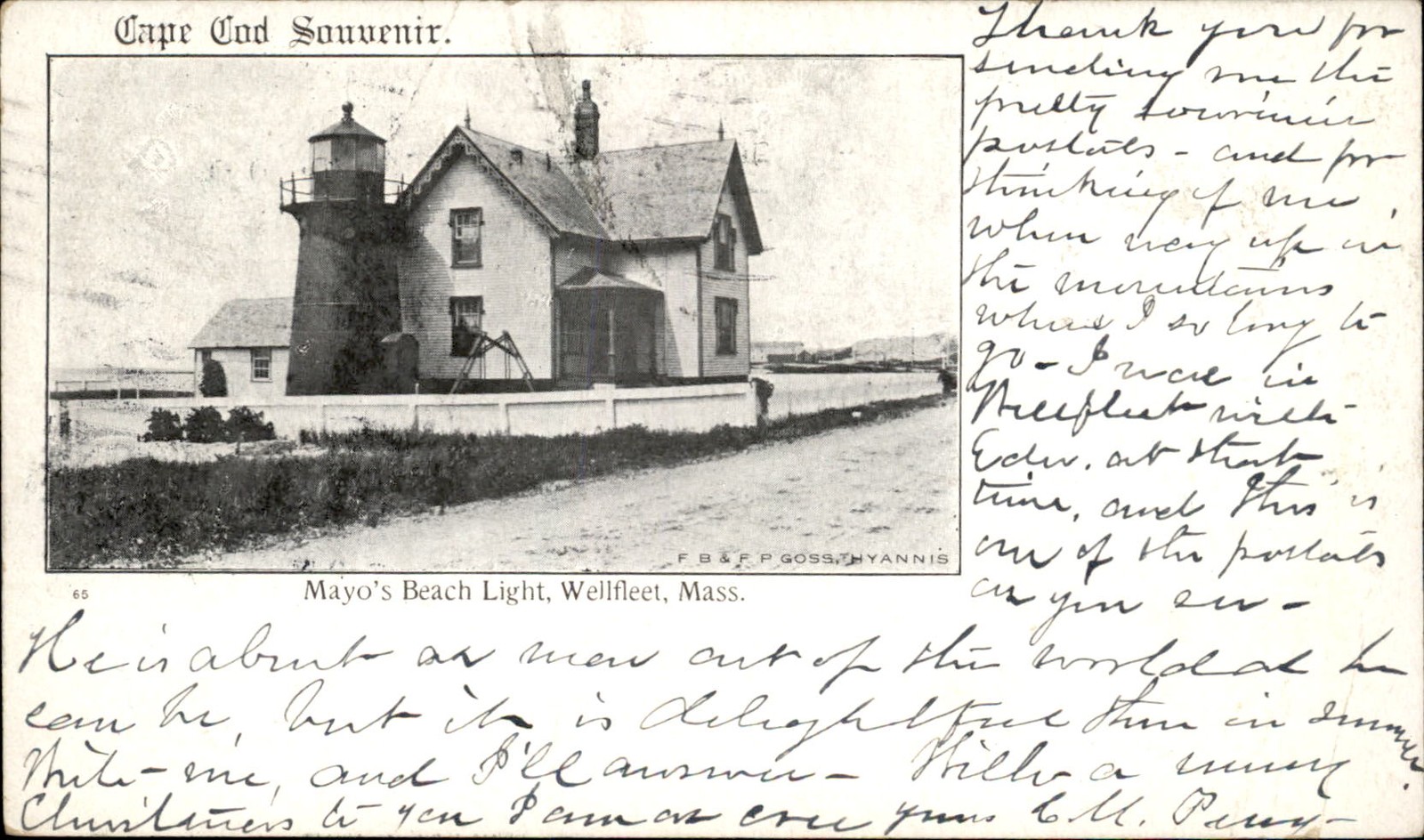 Wellfleet MA Mayo\'s Beach Lighthouse Goss c1900 Private Mailing Card bhn