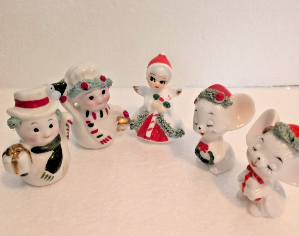 Vintage Christmas Mini 2 Snowman 2 Mice 1 Angel Figurines Spaghetti Trim Taiwan