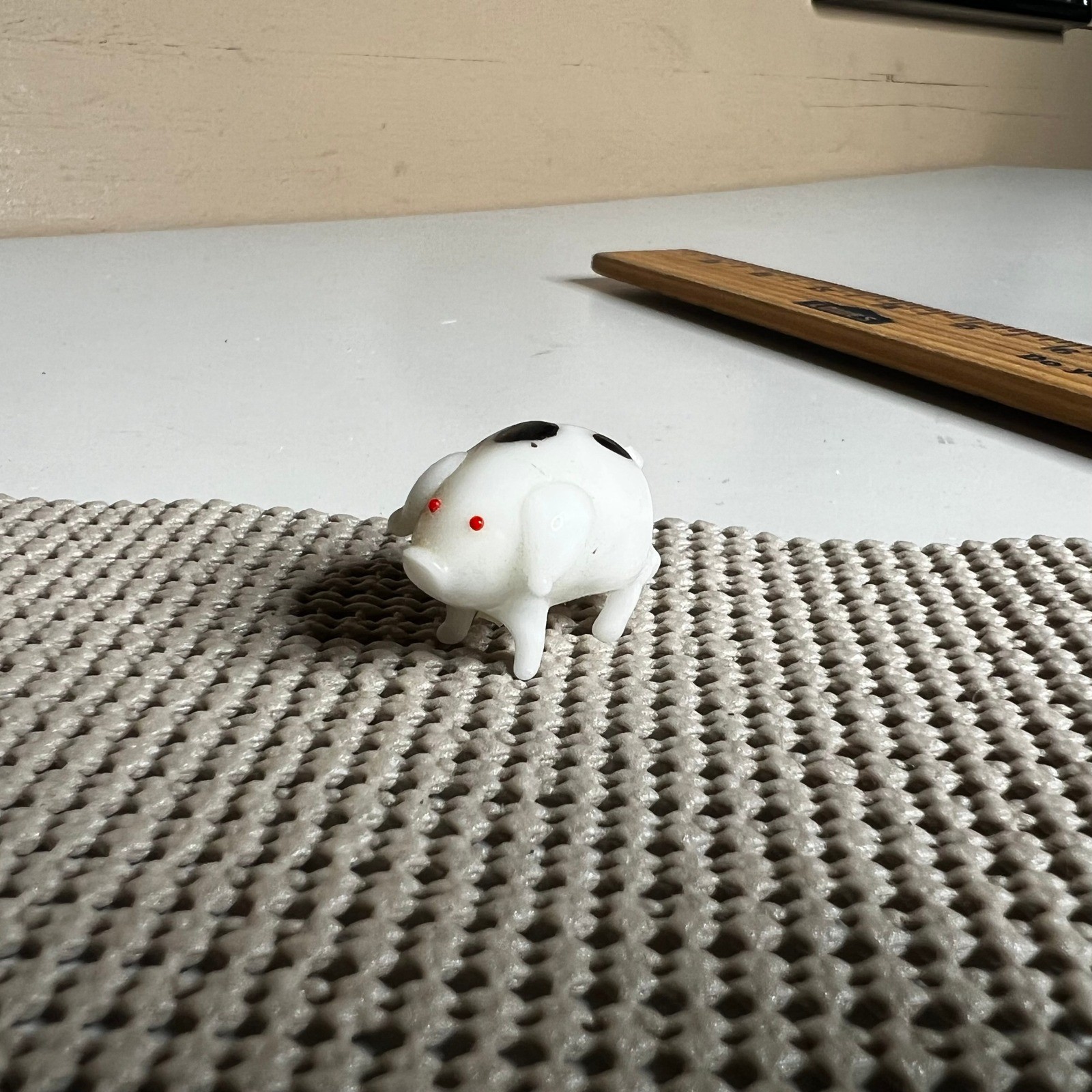 Vintage Miniature White Glass Pig Figurine Black Spots Red Eyes Hand Blown Art