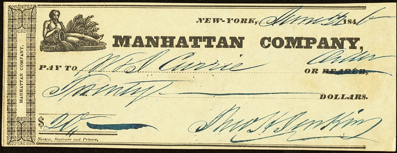NY $20 The MANHATTAN Company New York March 22, 1846 bank check