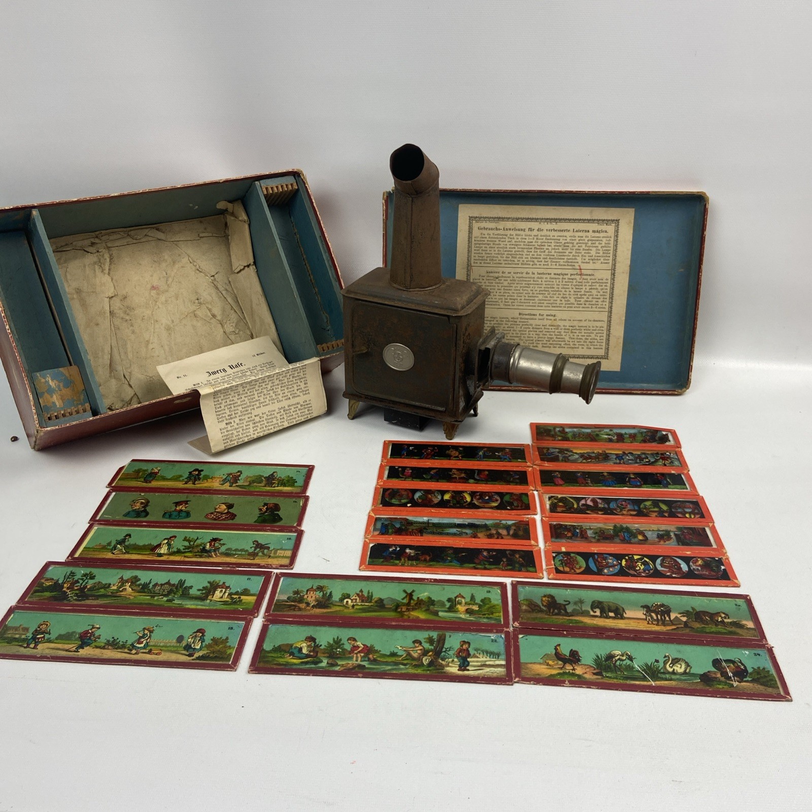 Antique Ernest Plank Magic Lantern Slide Projector Oil Lamp 20 Glass Slides Box