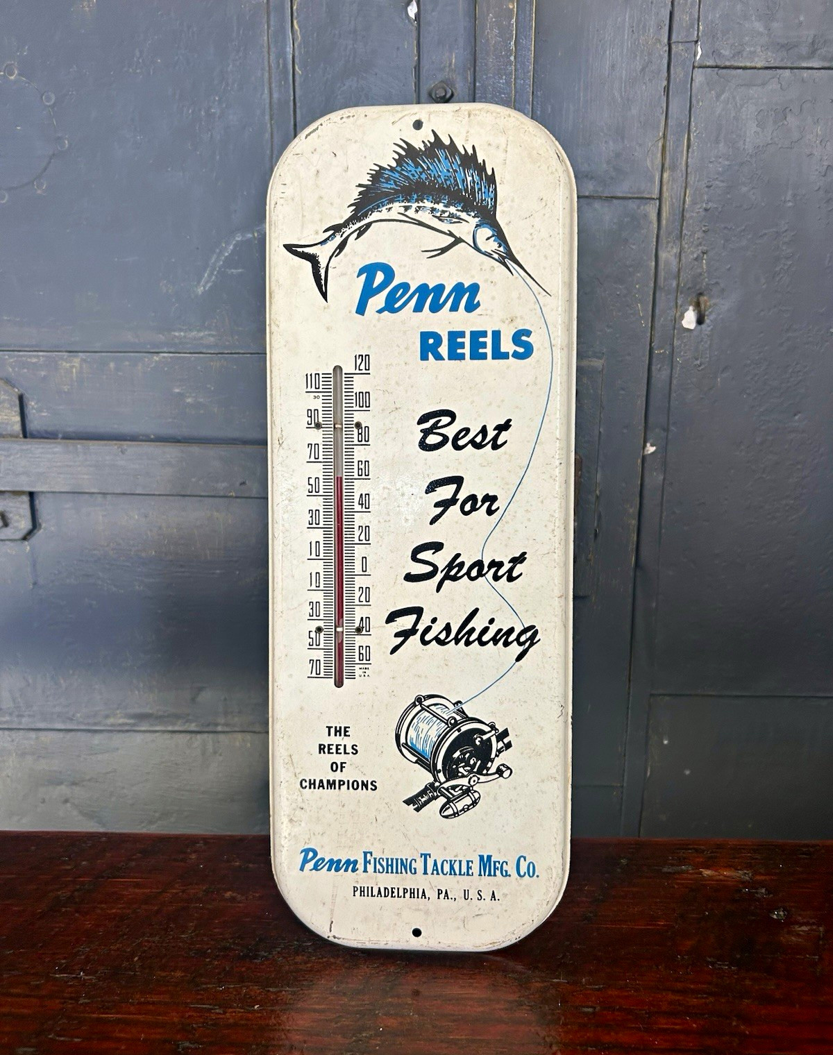 Penn Reels Vintage Fishing Water Sport 1950-60’s Advertising Thermometer Sign