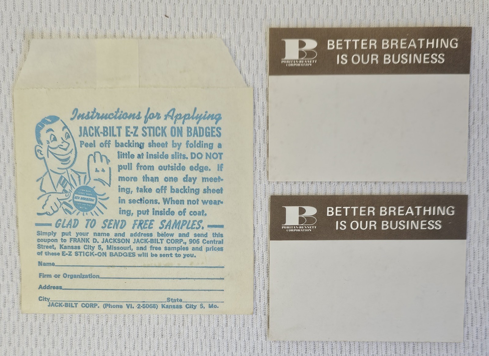 Vintage 1940's Jack-Bilt E-Z Stick On Name Badge Stickers Puritan-Bennett Corp