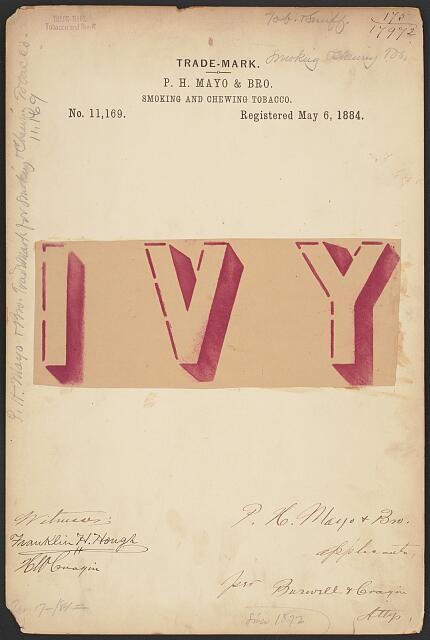 Photo:P H Mayo Bro Ivy Smoking Chewing Tobacco Trademark 1884