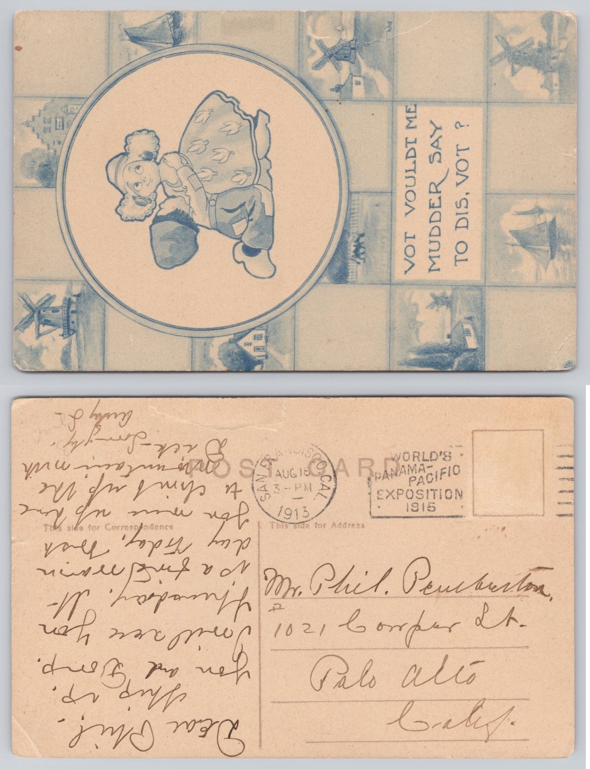 1913 Dutch Boy Panama-Pacific Exposition Postcard Santa Barbara CA Postmark