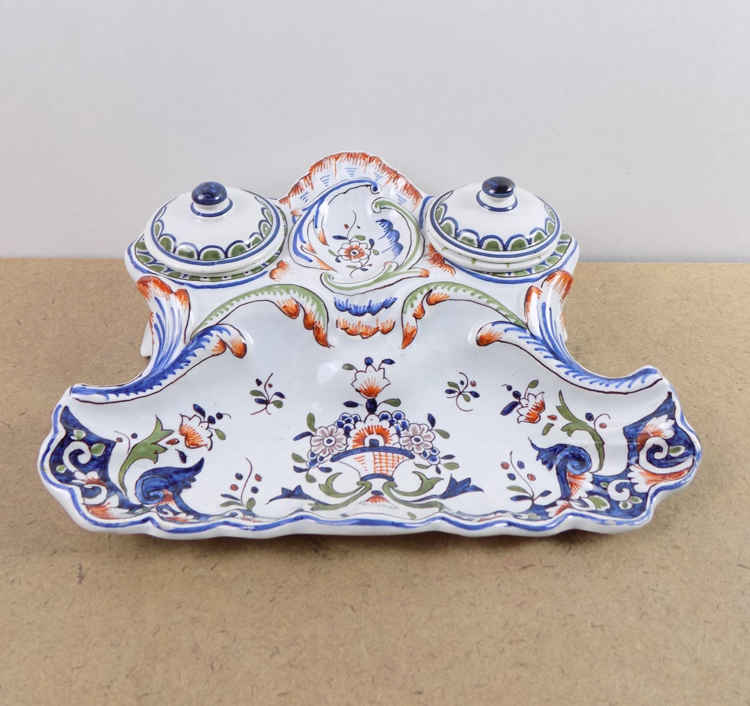 Rouen French Faience Art Pottery Inkwell Standish Stand France VGC