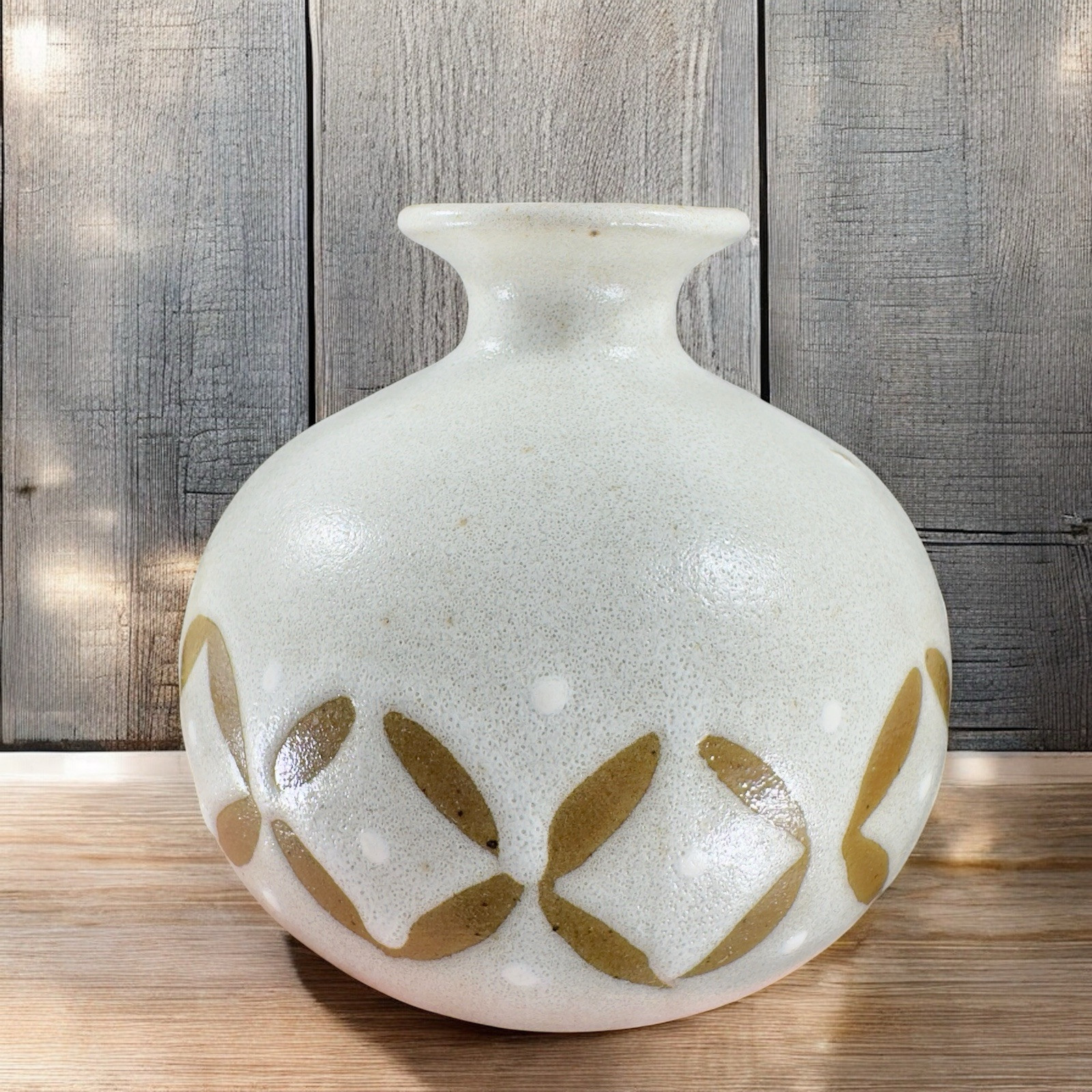 Vintage 1990s Hand Made Stoneware Pottery Vase Round Bottom Brown Pattern VTG