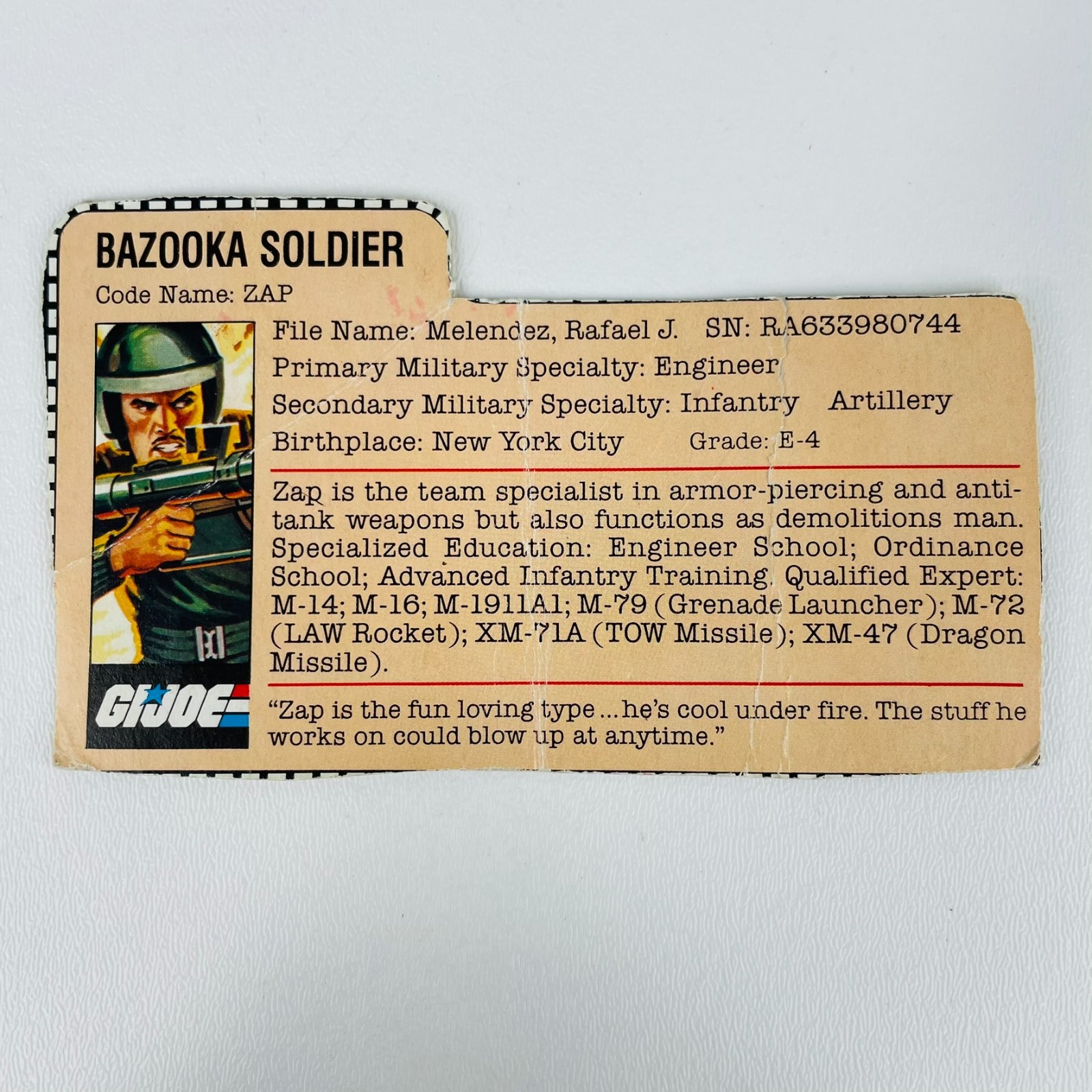 You Choose - Vintage GI Joe File Card Only, Hasbro 1980s Bazooka Cobra Medic