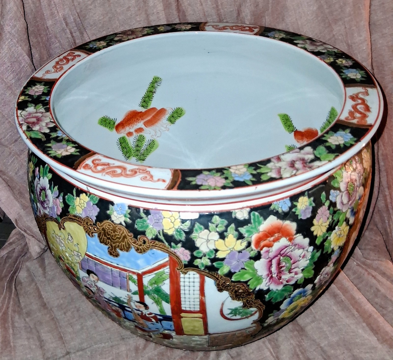 Oriental Fish Bowl Large Heavy Asian Porcelain Planter Pot Gold Etching 14x11 