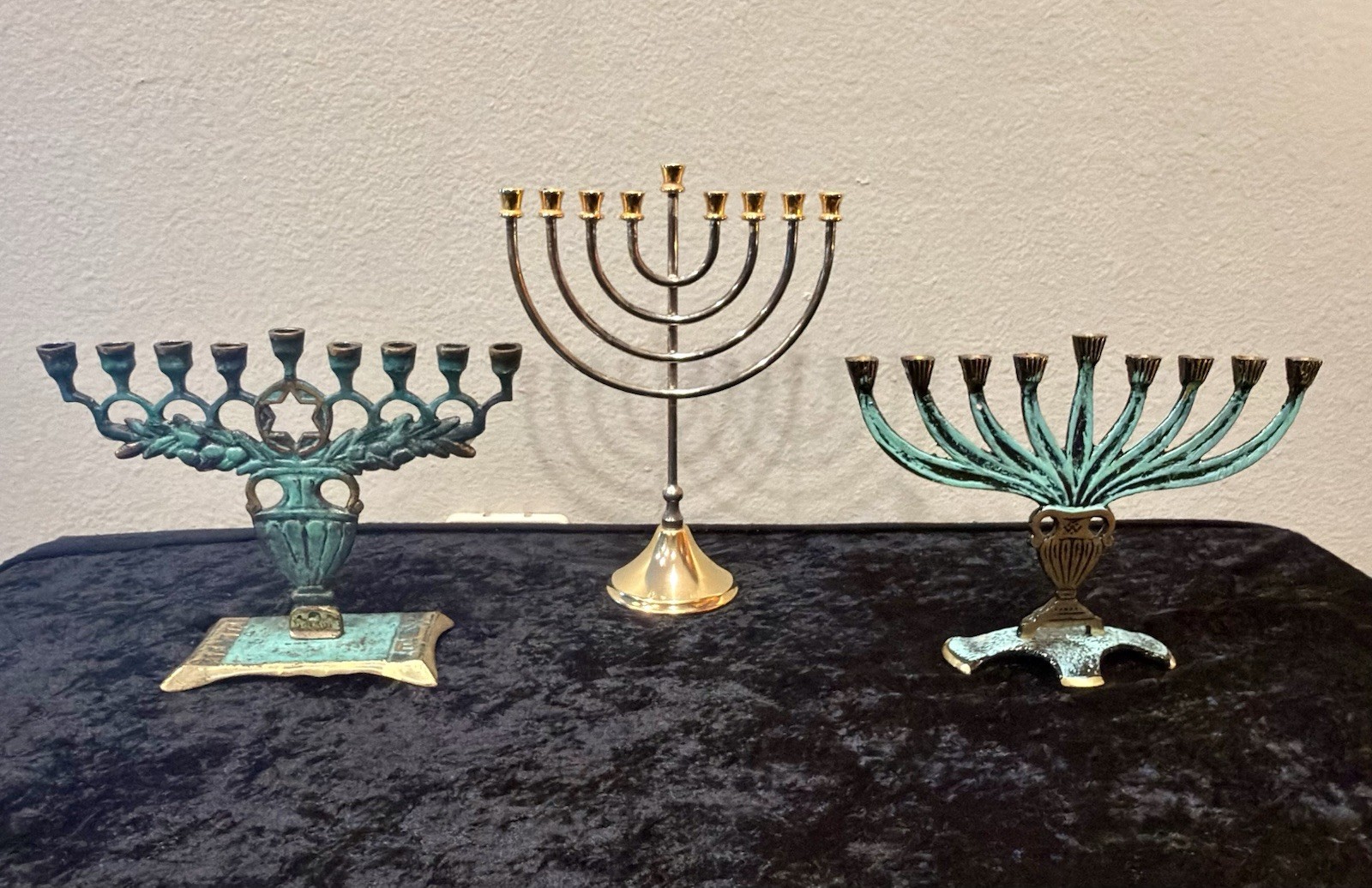Vintage Israeli Brass Menorah Trio – Verdigris Patina – Mid‑Century Judaica LOT