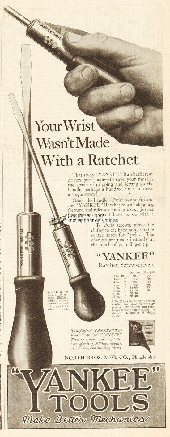 1919 Yankee Tools Ratchet Screwdriver No 10 11 15 North Bros Vintage Print Ad
