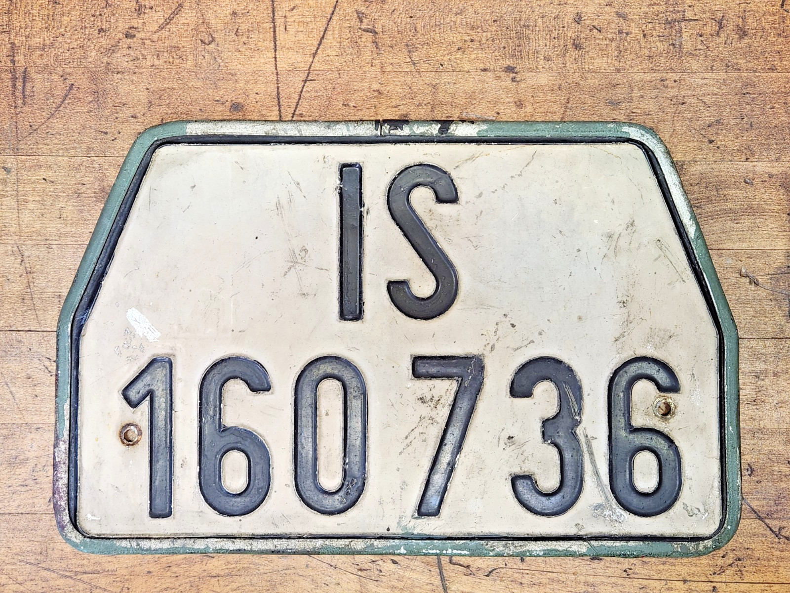 Vintage License Plate County Iceland trapezoidal shape clipped corners post WWII