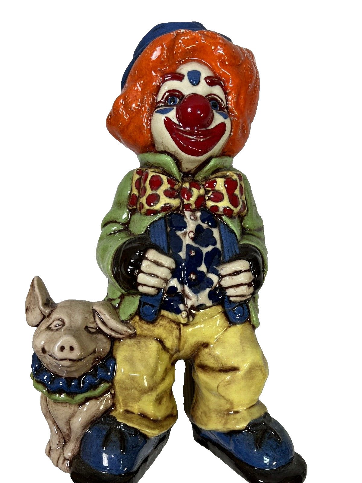 Vintage Handpainted Ceramic Clown Jokester Figurine with Snarky Pig Collectible