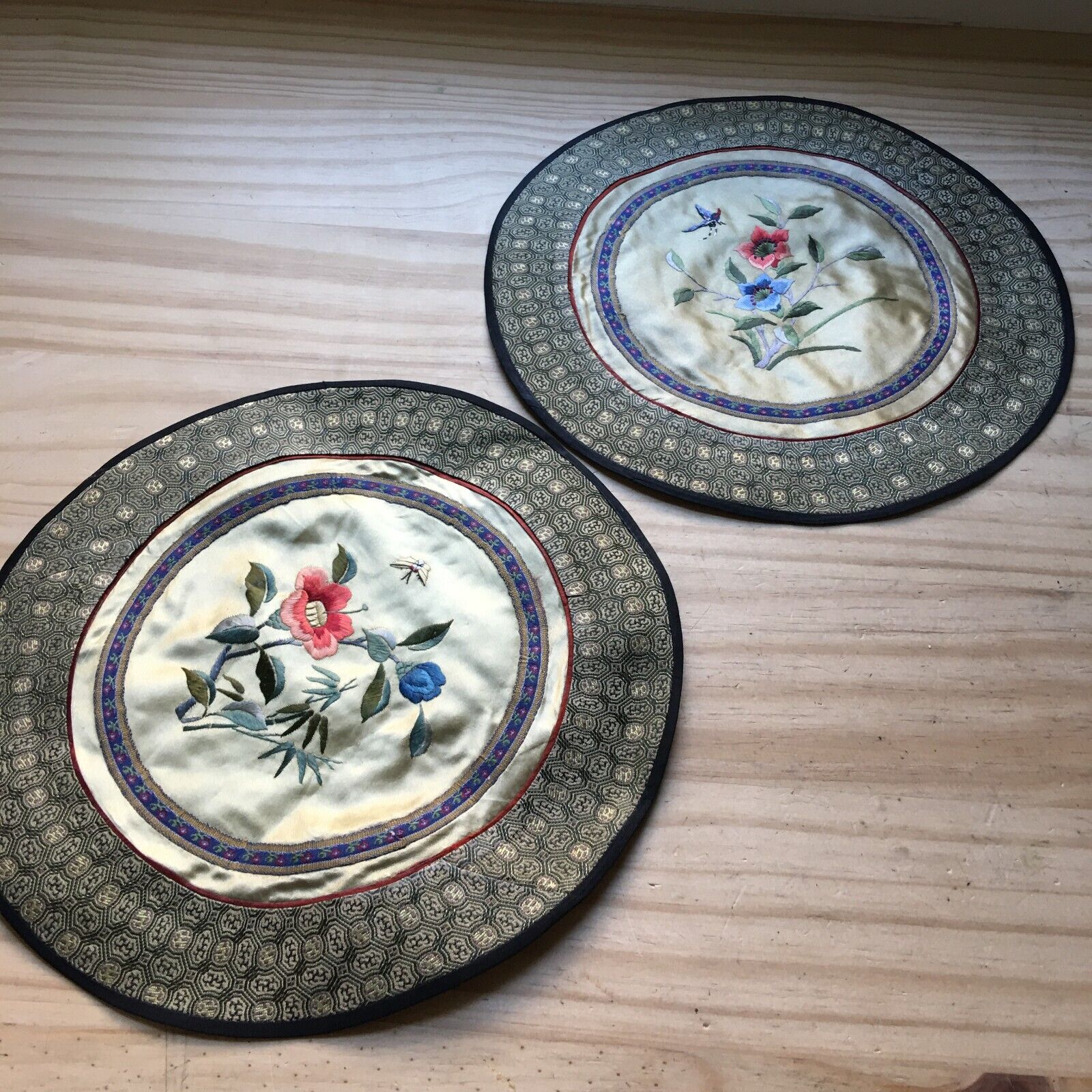 Pair of 1930s Vtg Chinese Silk Embroidery Round Butterfly & Flowers Panels 10”D