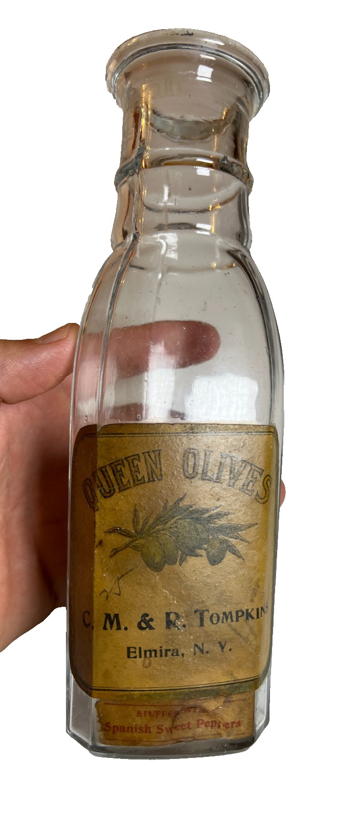 Antique 1890s Olive Olives TOMPKINS Labeled Label Bottle Jar Elmira New York NY Antique 1890s Olive Olives TOMPKINS Labeled Label Bottle Jar Elmira New York NY