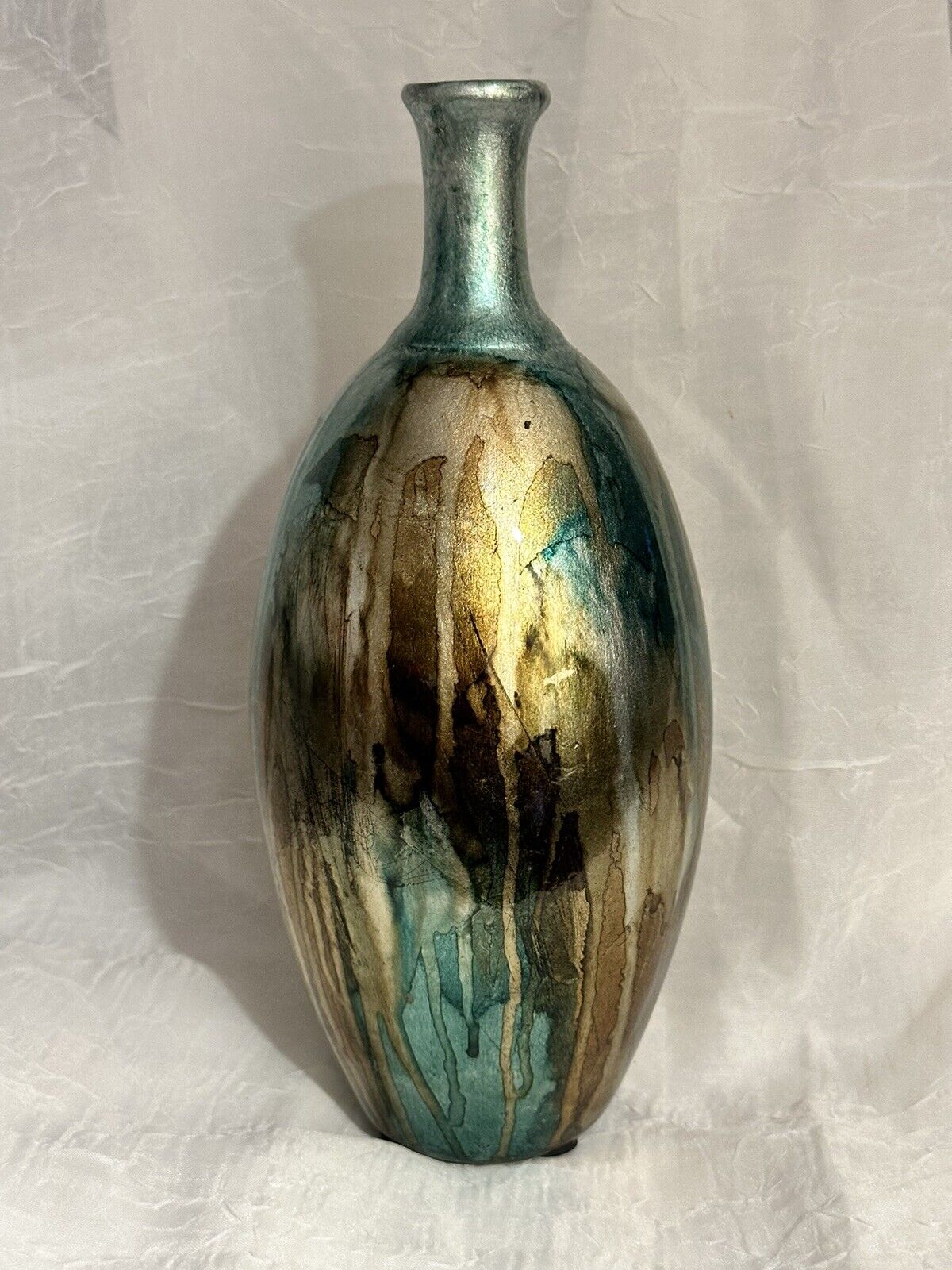 GORGEOUS Vintage Metallic Teal And Gold 12” Vase Made In China