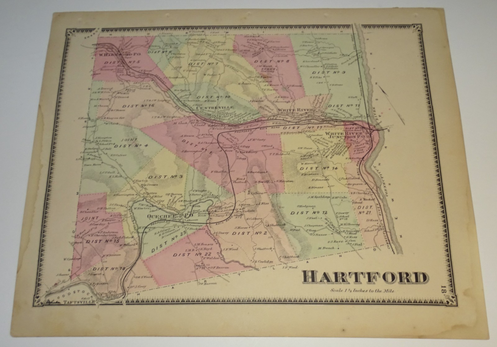 1869 HARTFORD VERMONT MAP from F. W. Beers Atlas 12.75 x 15.75\