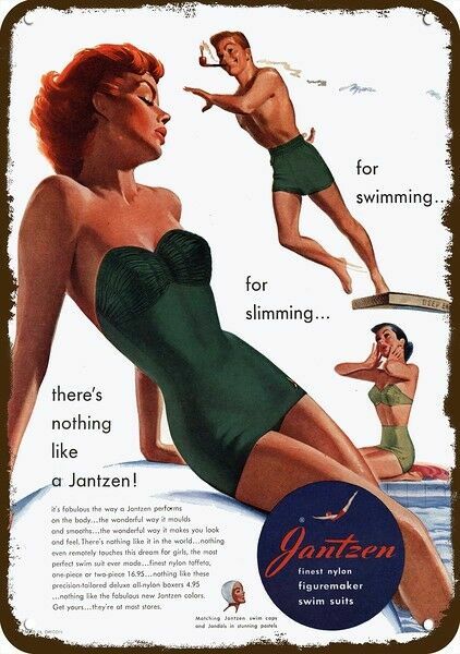 1951 JANTZEN FIGUREMAKER SWIMSUIT Vintage Look METAL SIGN - SEXY RED-HEAD WOMAN