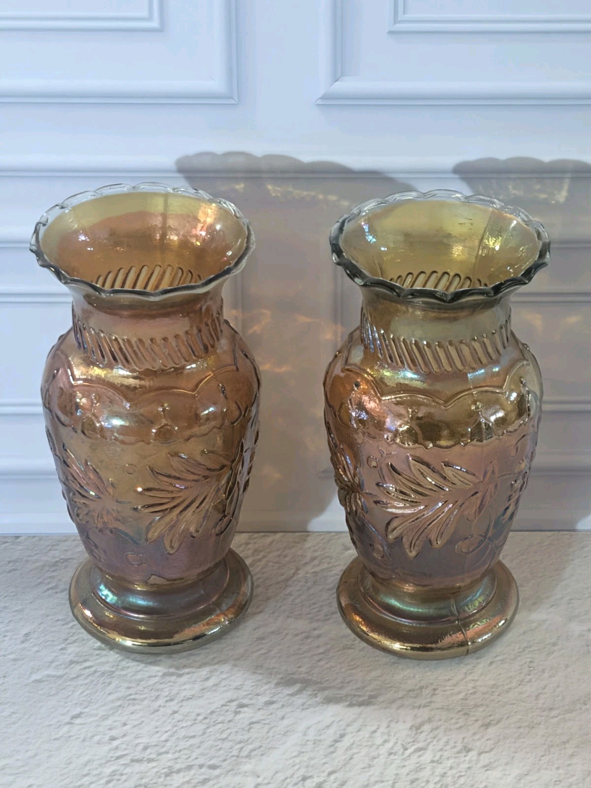 Vintage Marigold Carnival Glass Vase Pair Grape Leaf Amber Iridescent 7\