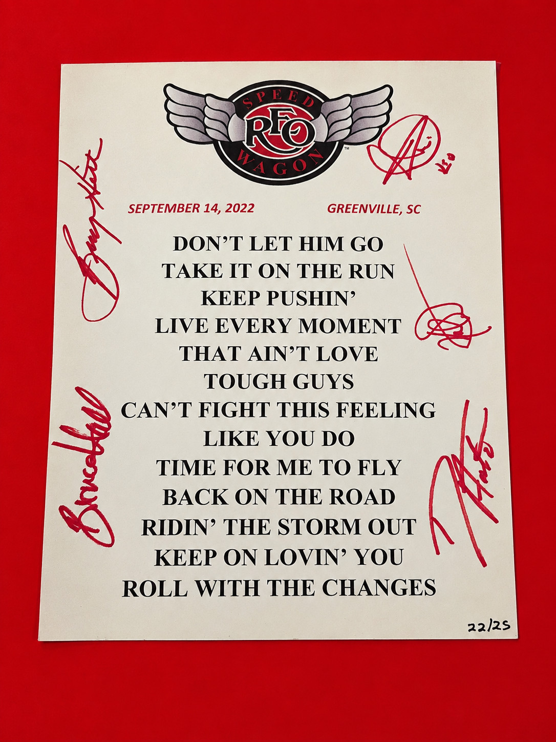 REO Speedwagon Concert Signed S Holmdel NJ Setlist 22 OF 25