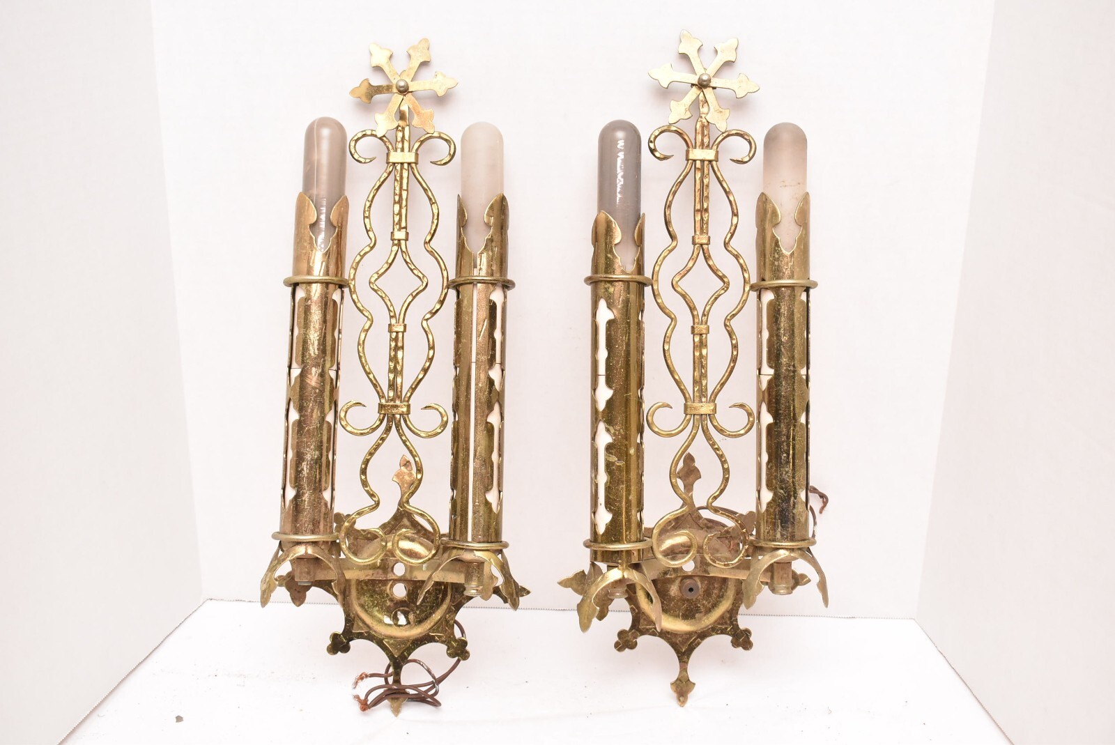 SET of 2 ATQ ART DECO Wall Sconce Pair Vtg Spanish Light Fixture GOLD BRASS VTG