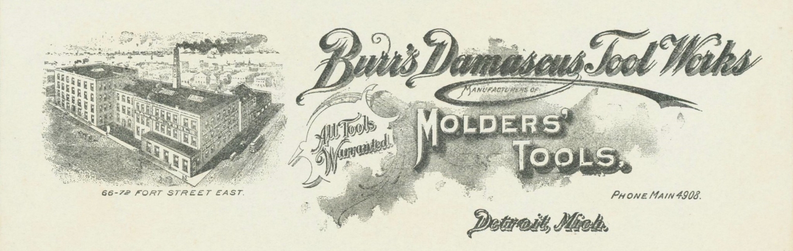 c1905 Burr\'s Damascus Tool Works Detroit MI Moulders Tools Letterhead Illustrate c1905 Burr\'s Damascus Tool Works Detroit MI Moulders Tools Letterhead Illustrate