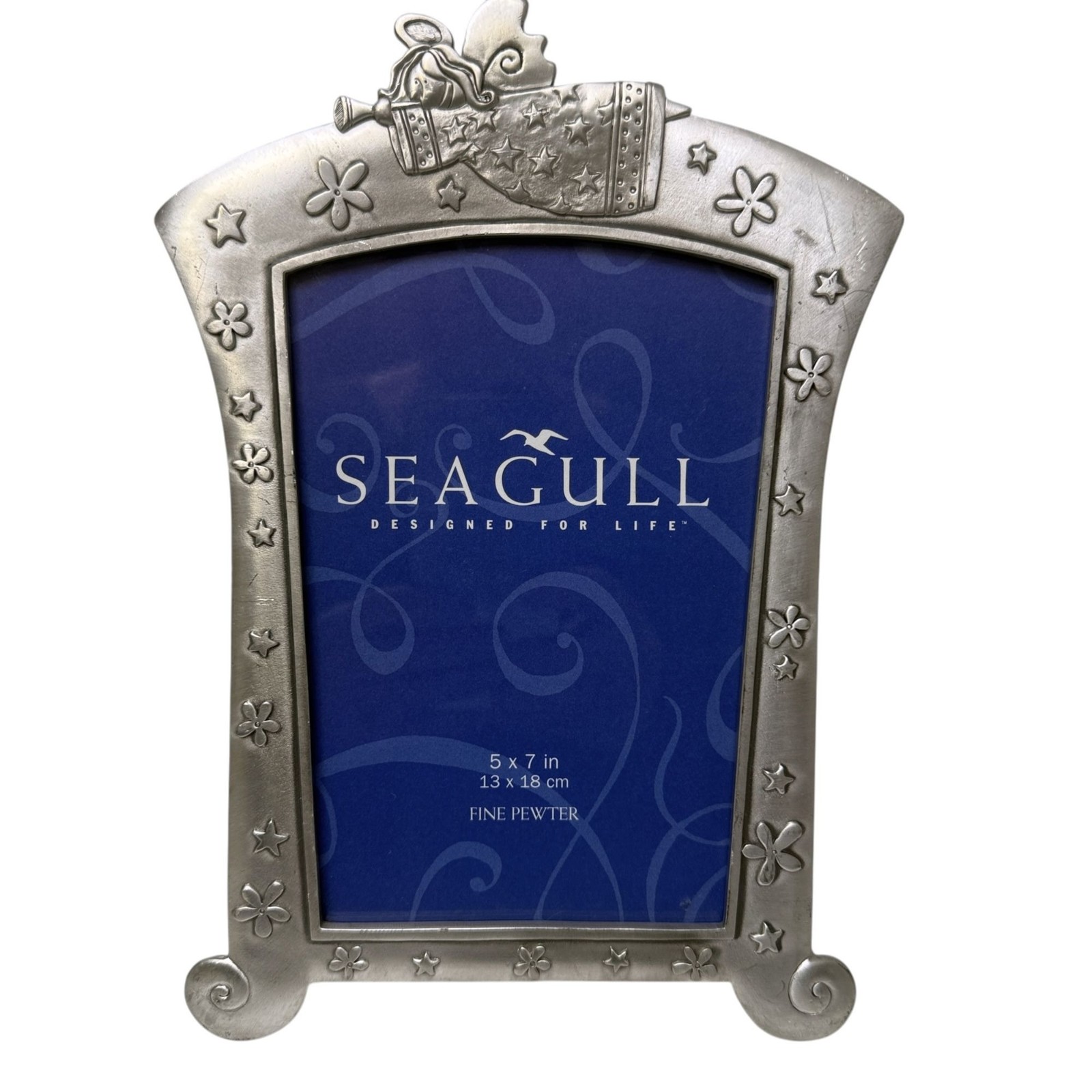 Vintage SEAGULL PEWTER Angel Picture Frame 5x7 Canada Silver Tone Whimsical 