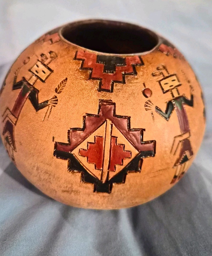 Vintage Navajo Seed Pot Pottery by Ken White Signed Hand Etched Yei Spirit decor