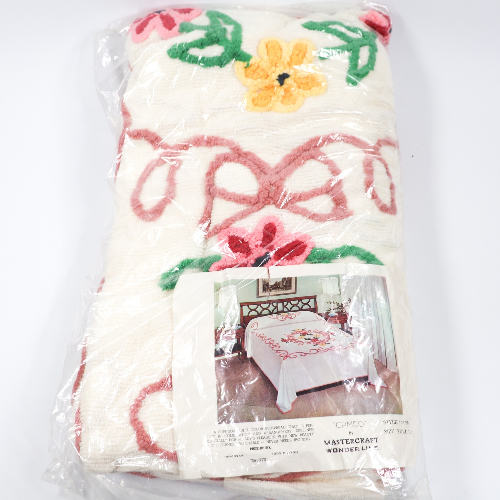 NOS Vintage Chenille Bedspread in Package FULL Pink Yellow Bows Floral Rare