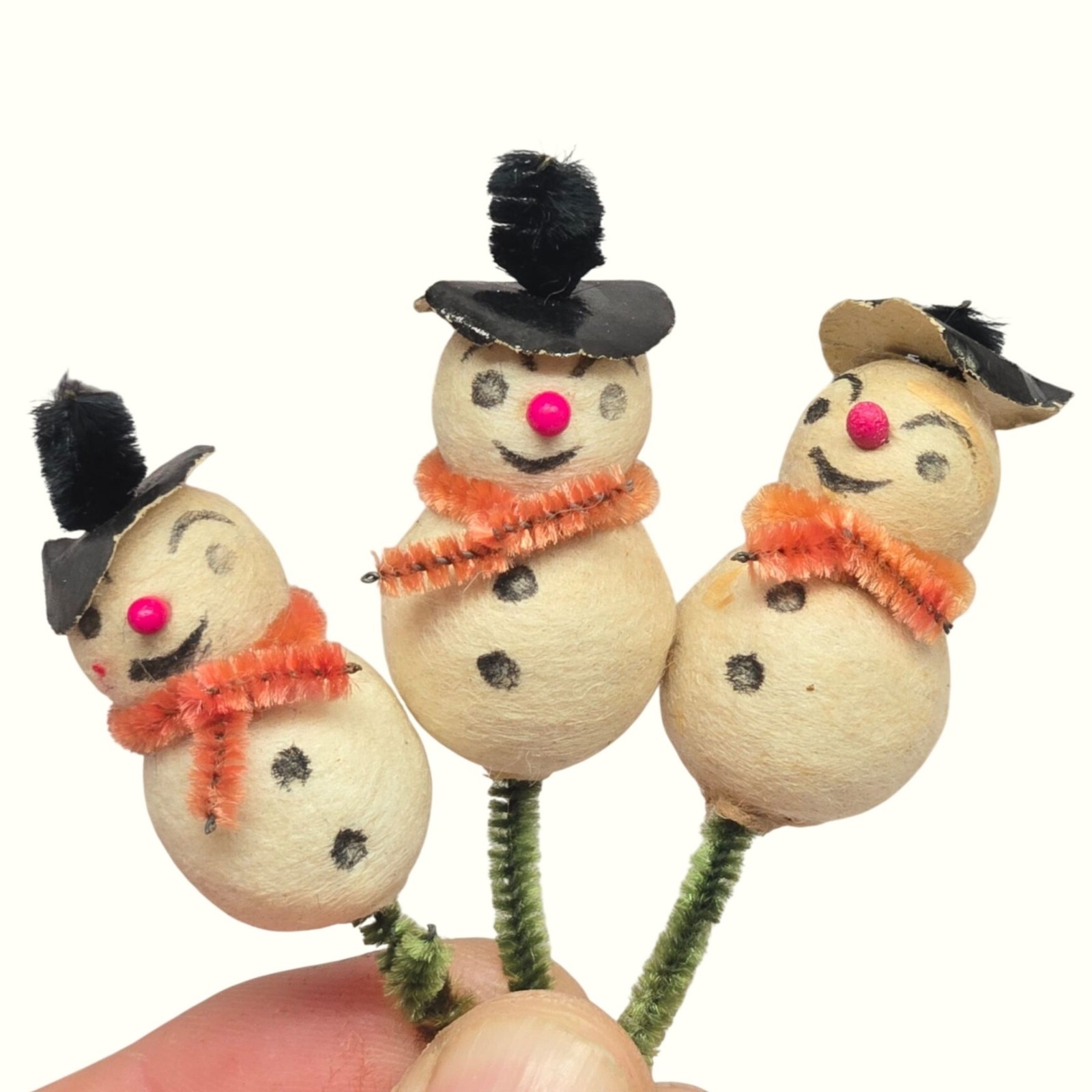 Vintage Spun Cotton Snowman Picks Trio Mid Century Japan Christmas collectibles