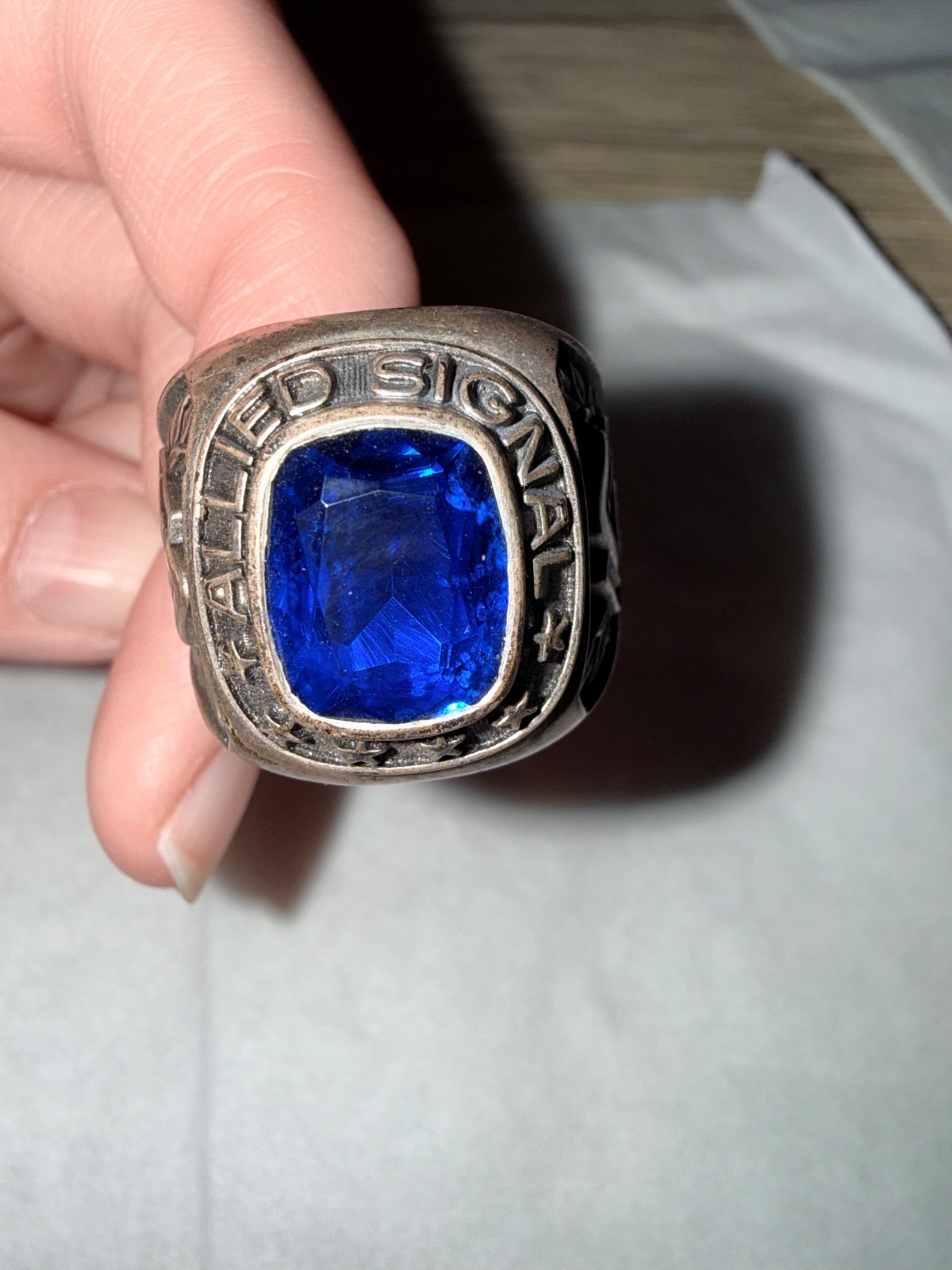 VTG Allied Signal Excellence & Dedication Service Ring with Blue Stone Size 13.5