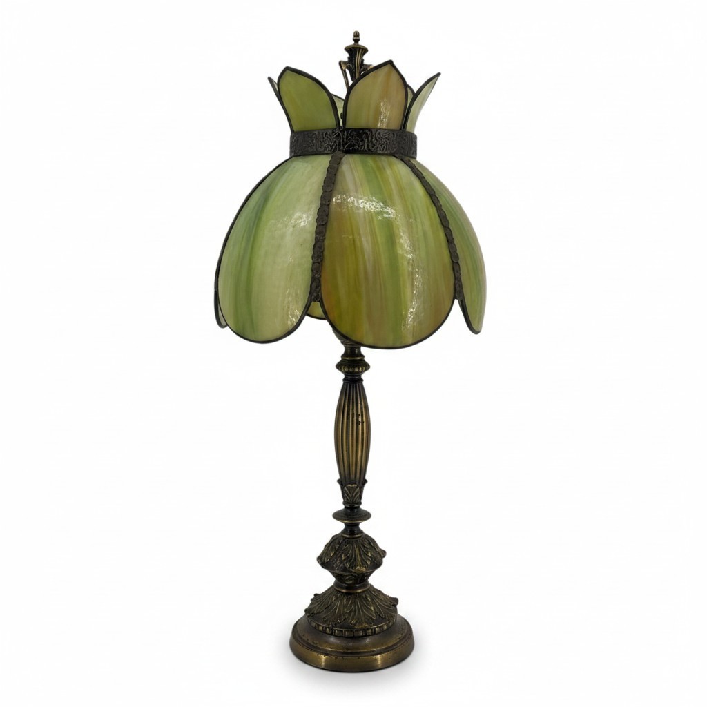 Vintage Victorian Slag Glass Tulip Lotus Table Lamp Green Amber Ornate Brass