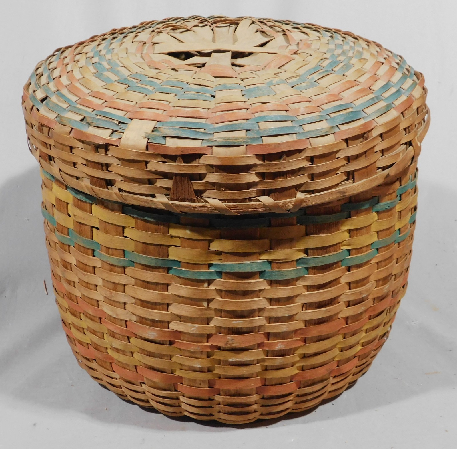 Antique Wabanaki Ash Splint Lidded Basket Polychrome Penobscot Maine ca. 1900