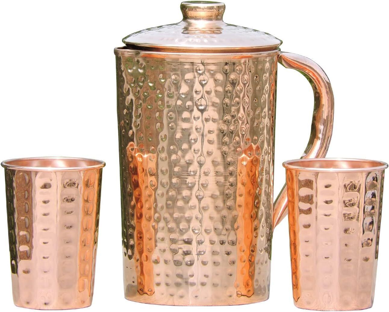 Pure Copper Hammered Pitcher with Two Glass & Serving Ware Good Health Benefit