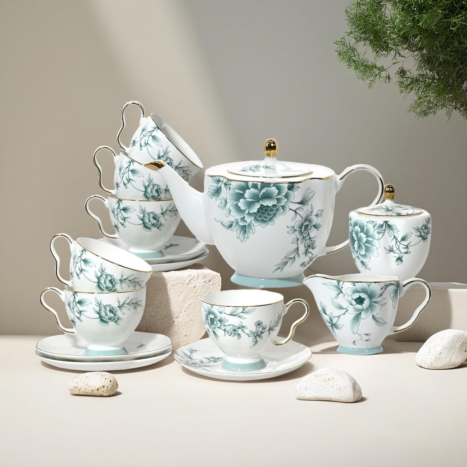 Elegant  21-Piece Blue & White Bone China Tea Set for 6 - Gift Ready