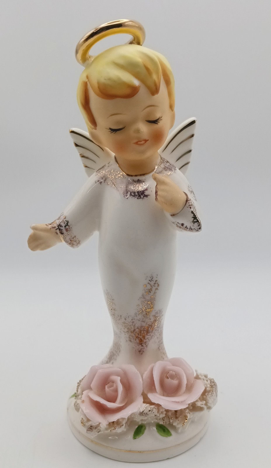 Rare Vintage Lefton BOY Angel Figurine #2082 Pink Roses Gold Japan 