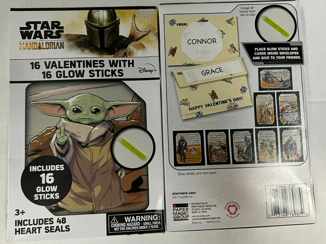 Star Wars Mandalorian The Child 32 Valentines 32 Glow Sticks - 2 Boxes of 16