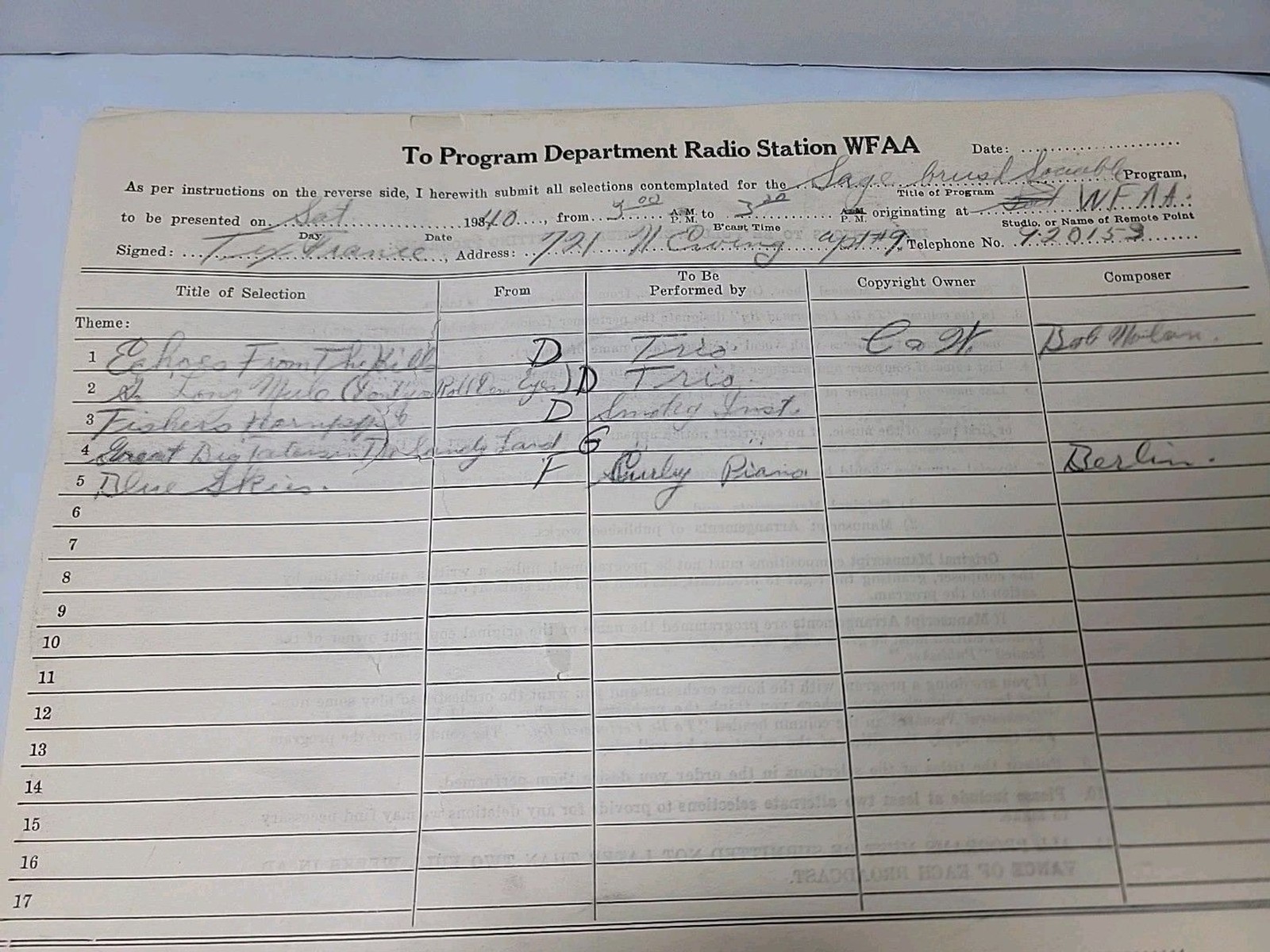 1940 WFAA Bob Nolan Western Radio Program Forms Lot Of 20