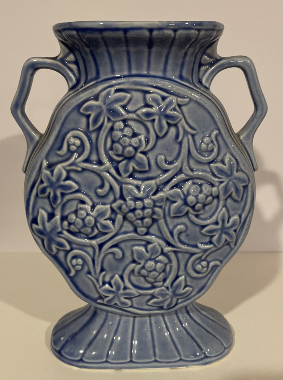 VTG. Ceramic Pottery 2-handled Vase Blue w/Grape Pattern Germany 8\ VTG. Ceramic Pottery 2-handled Vase Blue w/Grape Pattern Germany 8\