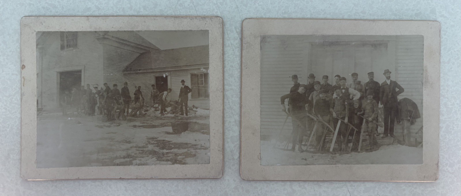 Two Cabinet Photos, Teachers & Students Cutting Firewood, Brewer, Maine, 1880s Two Cabinet Photos, Teachers & Students Cutting Firewood, Brewer, Maine, 1880s