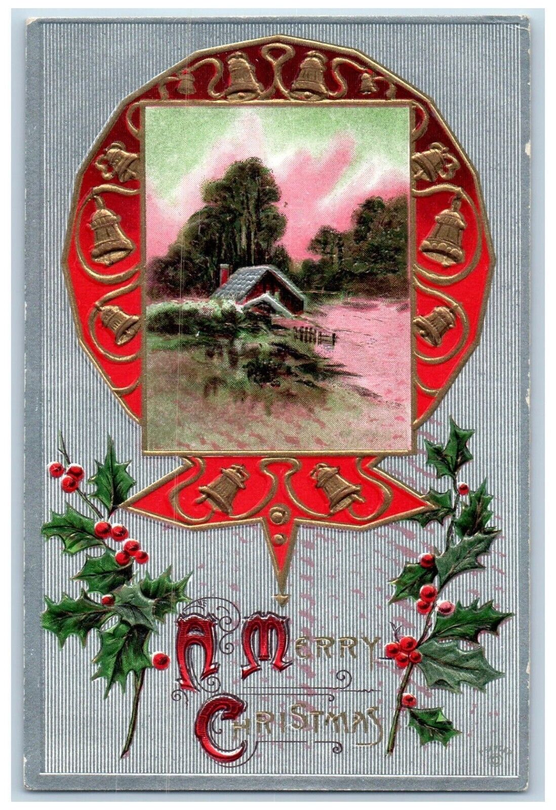 Christmas Postcard Bells Holly Berries Winter Scene Embossed c1910\'s Antique